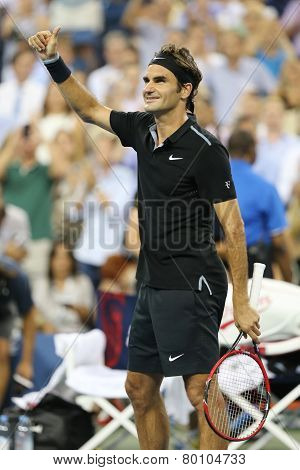Seventeen times Grand Slam champion Roger Federer celebrates victory after round 4 match at US Open
