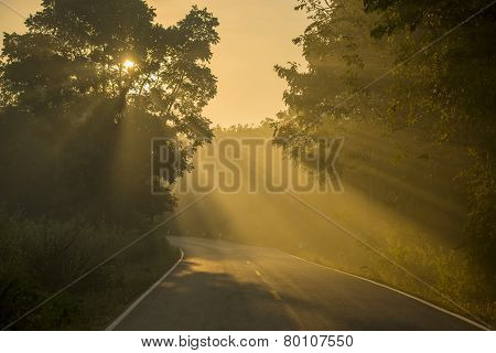 Backlight and sun flare long road in Thailand