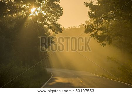 Backlight and sun flare long road in Thailand