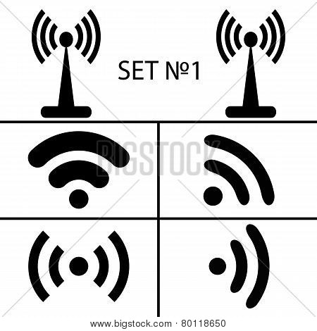 Set 1. Fourteen different black wireless and wifi icons for remote access communication via radio wa