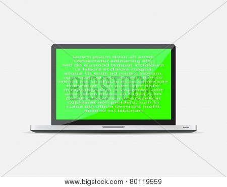 Realistic laptop computer icon. Notebook Representing your text on green screen. Vector illustration