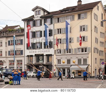 Swiss National Day Celebration Participants In Zurich Old Town