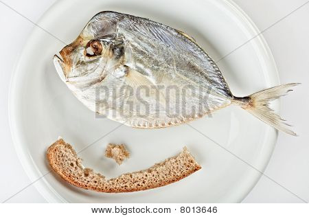 Moonfish salata con crosta di pane sulla piastra bianca