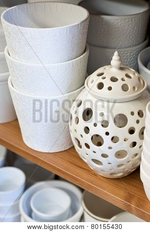 White Planters In The Florist Shop