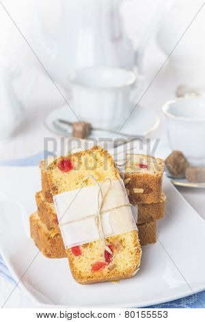 Candied Fruits Cake With Tea And Coffee For Breakfast
