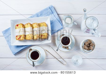 Candied Fruits Cake With Tea And Coffee For Breakfast