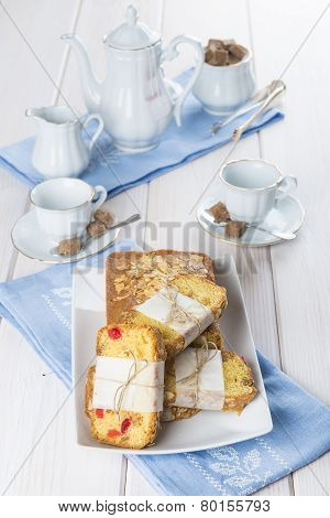 Candied Fruits Cake With Tea And Coffee For Breakfast