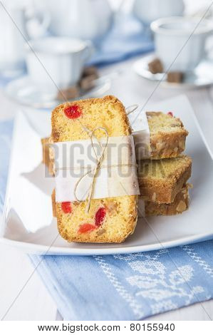 Candied Fruits Cake With Tea And Coffee For Breakfast
