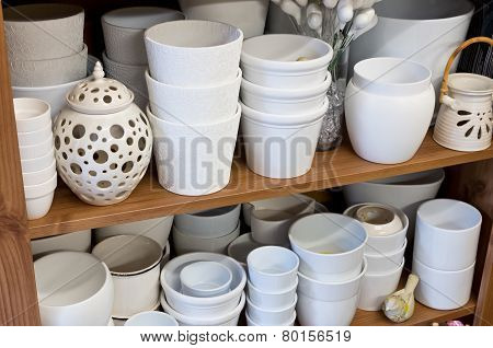 White Planters In The Florist Shop