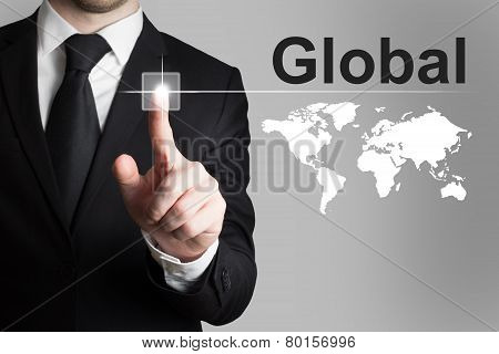 Businessman Pushing Button Global Worldmap