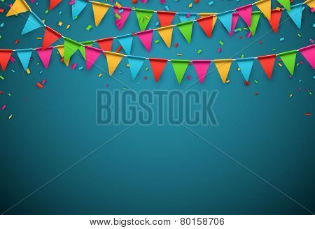 Celebrate banner. Party flags with confetti. Vector illustration.