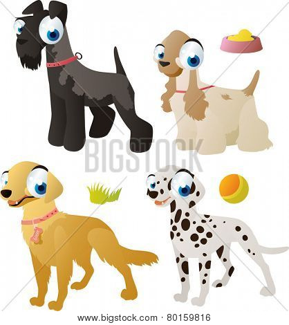 vector isolated cartoon cute animals set: dog breeds: kerry blue terrier, cocker spaniel, golden retriever, dalmatian