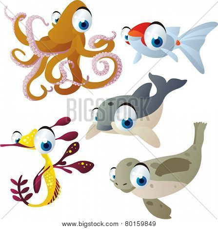 vector isolated cartoon cute animals set: octopus, goldfish, dolphin, seal, sea dragon