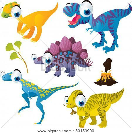 vector isolated cartoon cute animals set: dinosaurs: fabrosaurus, stegosaurus, tyrannosaurus, wannanosaurus, maiasaura