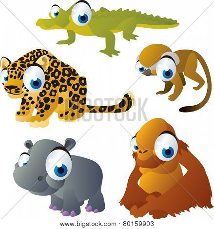 vector isolated cartoon cute animals set: safari: alligator, jaguar, hippopotamus, orangutan, monkey