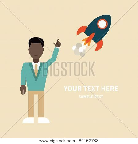 Flat vector illustration. Young businessman pointing at the starting rocket. Startup concept