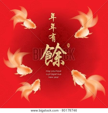 Goldfishes in oriental style painting. Translation of chinese text: May you have a prosperous new year. 