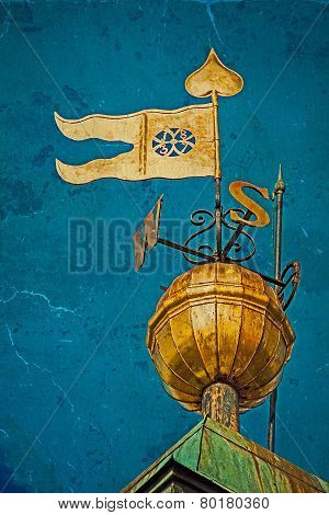 Old Photo With Metal Signs, Cardinal Points And Flag