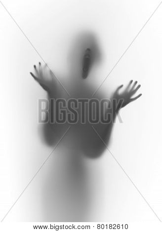 Scary shouting face and body silhouette with hands
