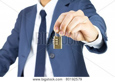Businessman Hold Brass Combination Lock Isolated On White Background