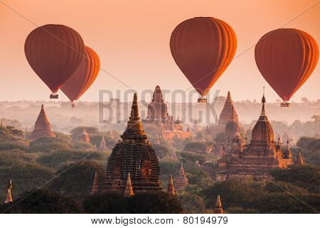Balloon Over Plain Of Bagan In Misty Morning, Myanmar
