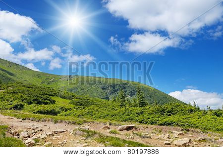 Scenic Mountains, Blue Sky And Sun