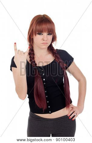 Bad teenage girl dressed in black with a piercing isolated on white background
