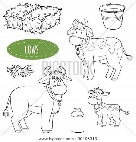 Set of cute farm animals and objects, vector family cows