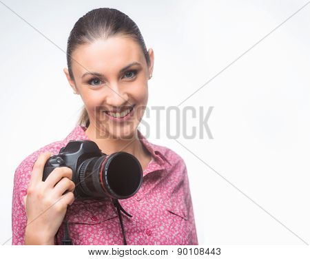 Smiling Photographer With Digital Camera