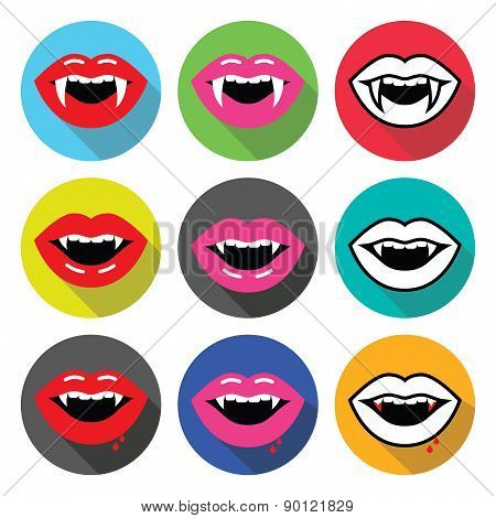 Vampire mouth, vampire teeth vector flat design icons set