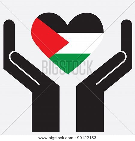 Hand showing Palestine flag in a heart shape. Vector illustration.