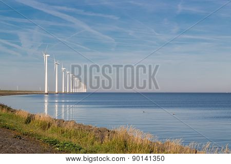 Long Row Off Shore Wind Turbines In The Dutch Sea