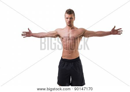 Young muscle man shirtless with arms spread open