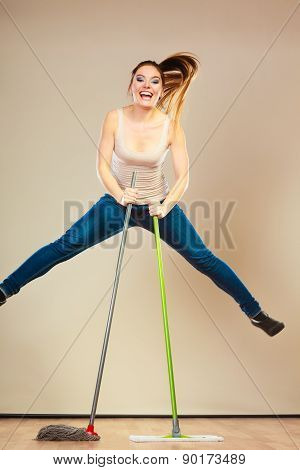 Funny Cleaning Woman Mopping Floor Jumping