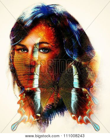 Beautiful Goddness women and color butterfly, mixed media, abstract color background, computer colla