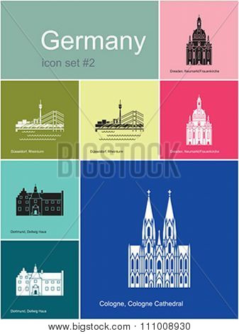 Landmarks of Germany. Set of color icons in Metro style. Editable vector illustration.