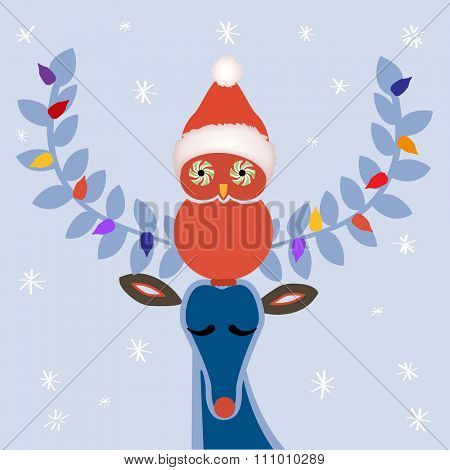 Winter deer and owl -  Christmas hat  peppermint eyes on owl 