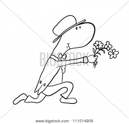 man gives flowers, contour illustration
