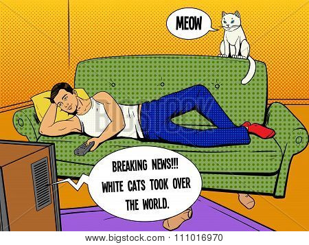 Man lying on couch watching TV comic book style