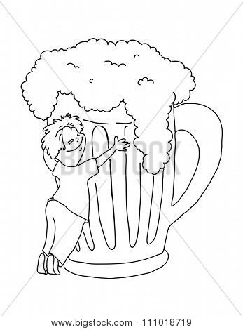man hugging a mug of beer, cartoon illustration