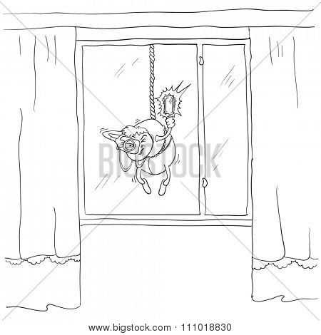 paparazzi photographer hanging on a rope, contour illustration