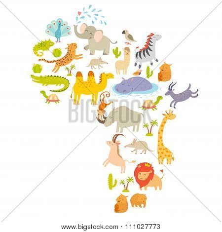 African mammal map silhouettes. Isolated on white background vector illustration.