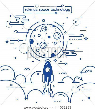 Space vector landscape illustration in linear style - rocket launch to the moon