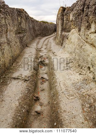 Ancient Stone Walls And Trenches To Drain The Water In The Mountain Medieval Fortress 3Rd - 7Th And