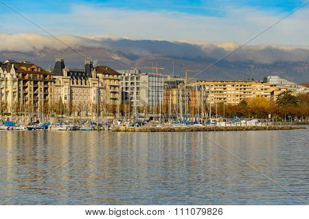 GENEVA, SWITZERLAND - NOVEMBER 19, 2015: view of Lake Geneva. Lake Geneva is a lake on the north side of the Alps, shared between Switzerland and France