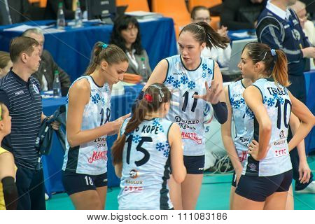 MOSCOW RUSSIA - DECEMBER 2, 2015: E. Gamova (Dynamo (KZN) 11 while playing on women's Rissian volleyball Championship game Dynamo (MSC) vs Dynamo (KZN) at the Luzhniki stadium in Moscow Russia. Kazan won in serie 3: 2