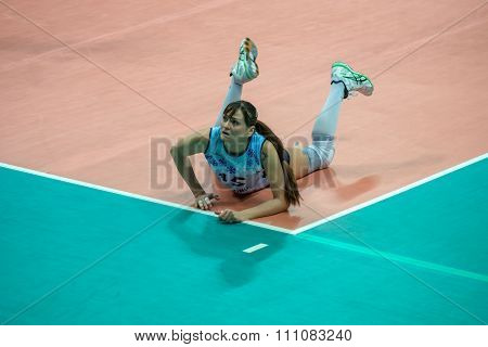 MOSCOW RUSSIA - DECEMBER 2, 2015: Antonella Del Kore (Dynamo (KZN) 15 while playing on women's Rissian volleyball Championship game Dynamo (MSC) vs Dynamo (KZN) at the Luzhniki stadium in Moscow Russia. Kazan won in serie 3: 2