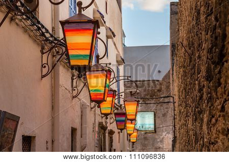 Brightly colored street lamps. Essaouira In Morocco