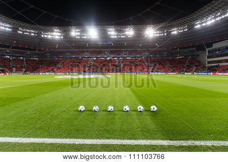 Champions League Football Balls In The Field Before The Match Of The Champions League  Bayer 04 Leve