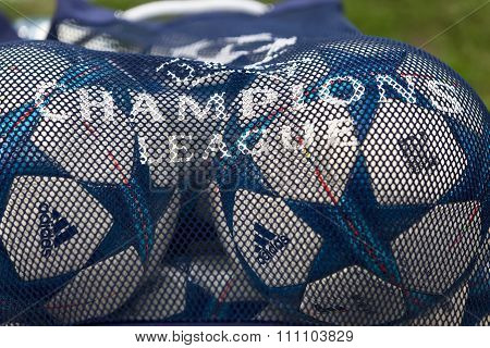 Champions League Football Balls In The Field Before The Match Of The Champions League  Bayer 04 Leve